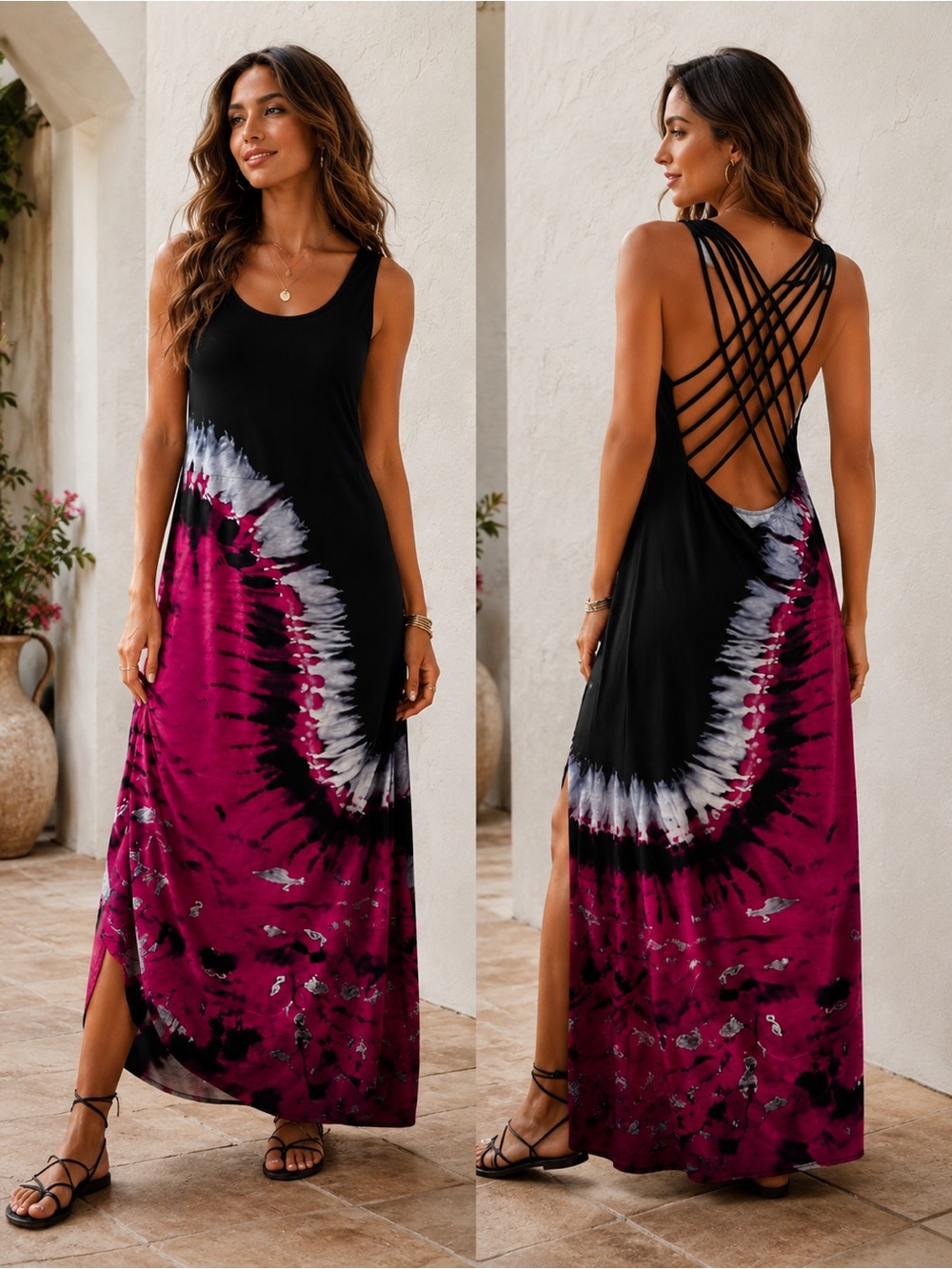 A Classy Chic Boutique Black & Magenta Tie-Dye Crisscross Back Maxi Dress